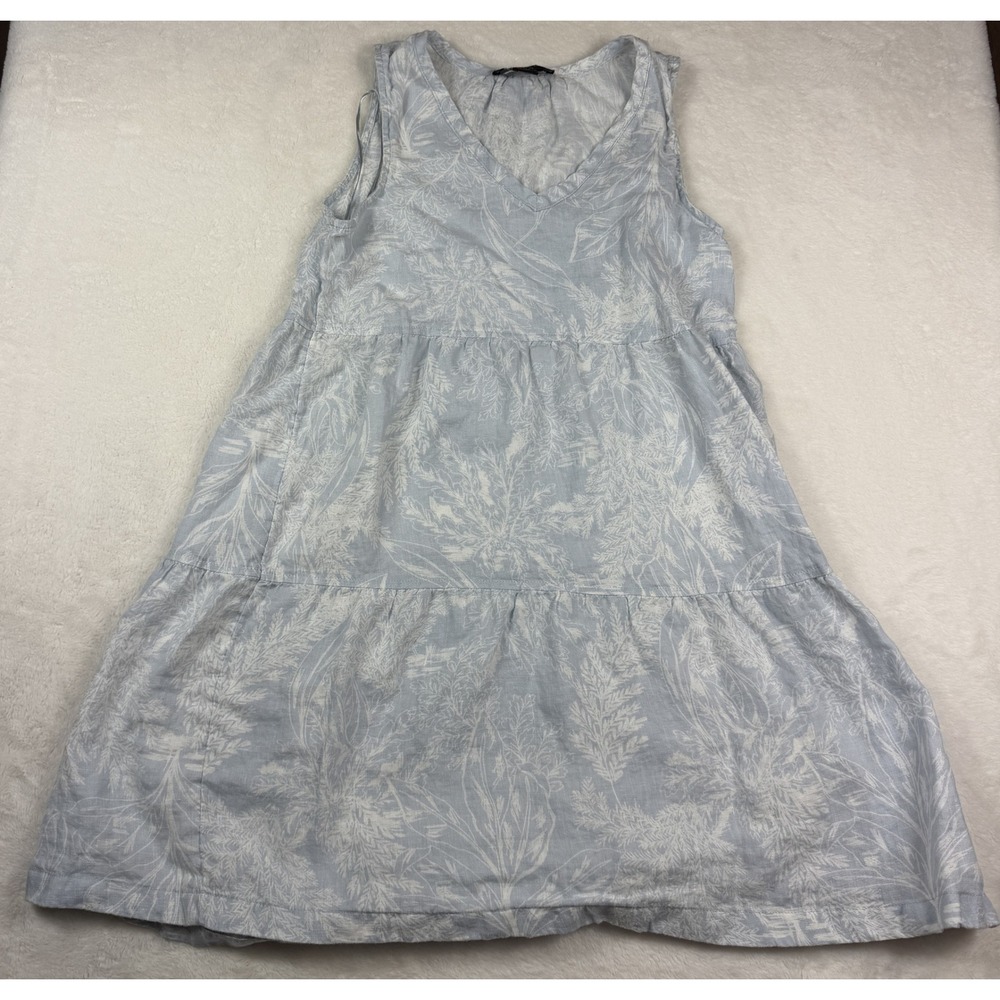 Tahari Womens XS Blue White 100% Linen Botanical Tiered Sleeveless Dress